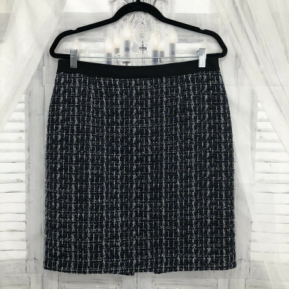 White House Black Market WHBM Skirt Blue Black Size 10 Tweed Pencil Straight